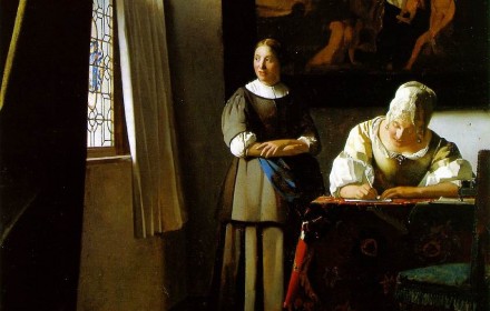 repro. de tableaux craquelés. Vermeer Dame écrivant une lettre et sa servante.